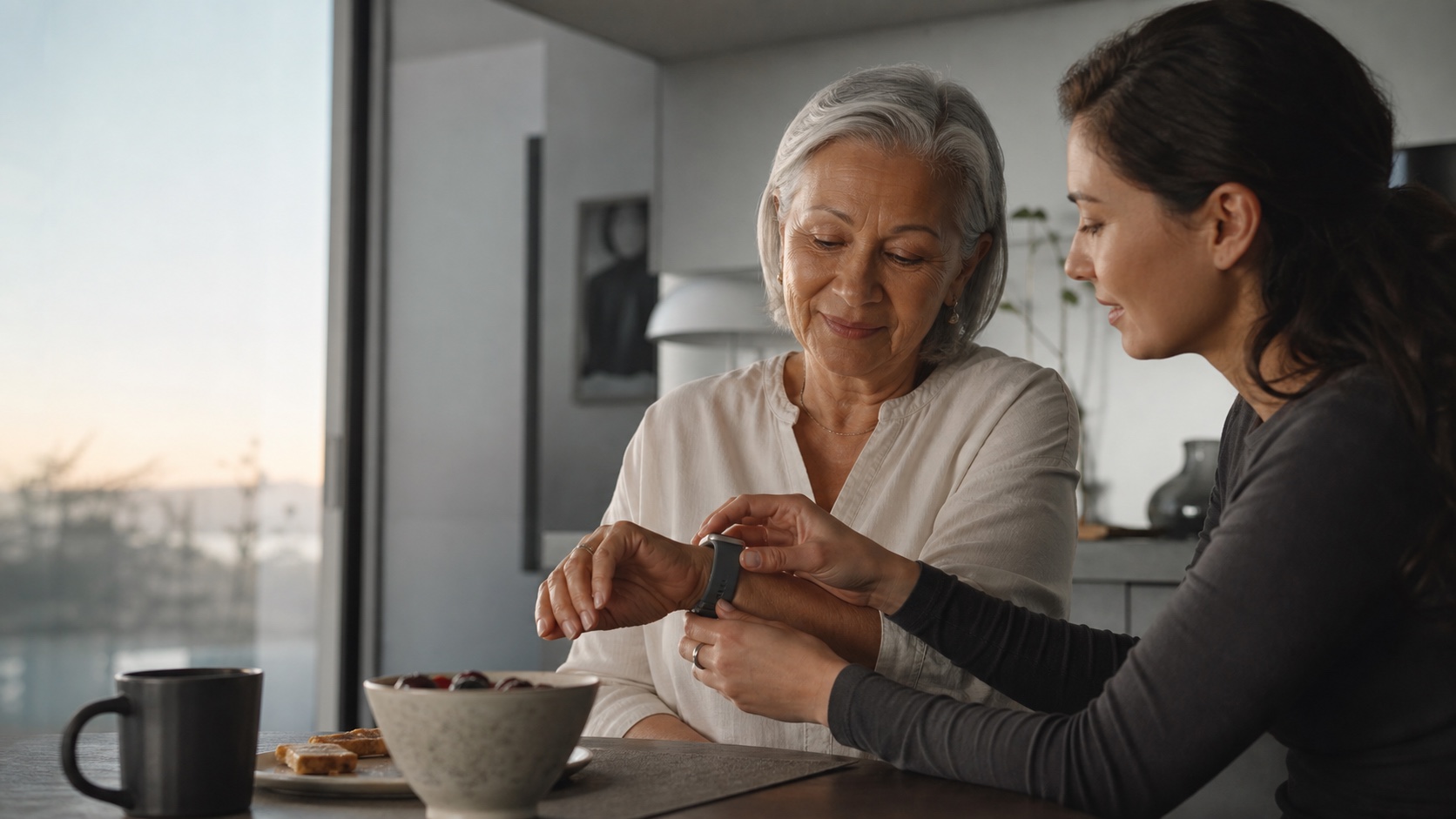 A mother and daughter reviewing a wearable together